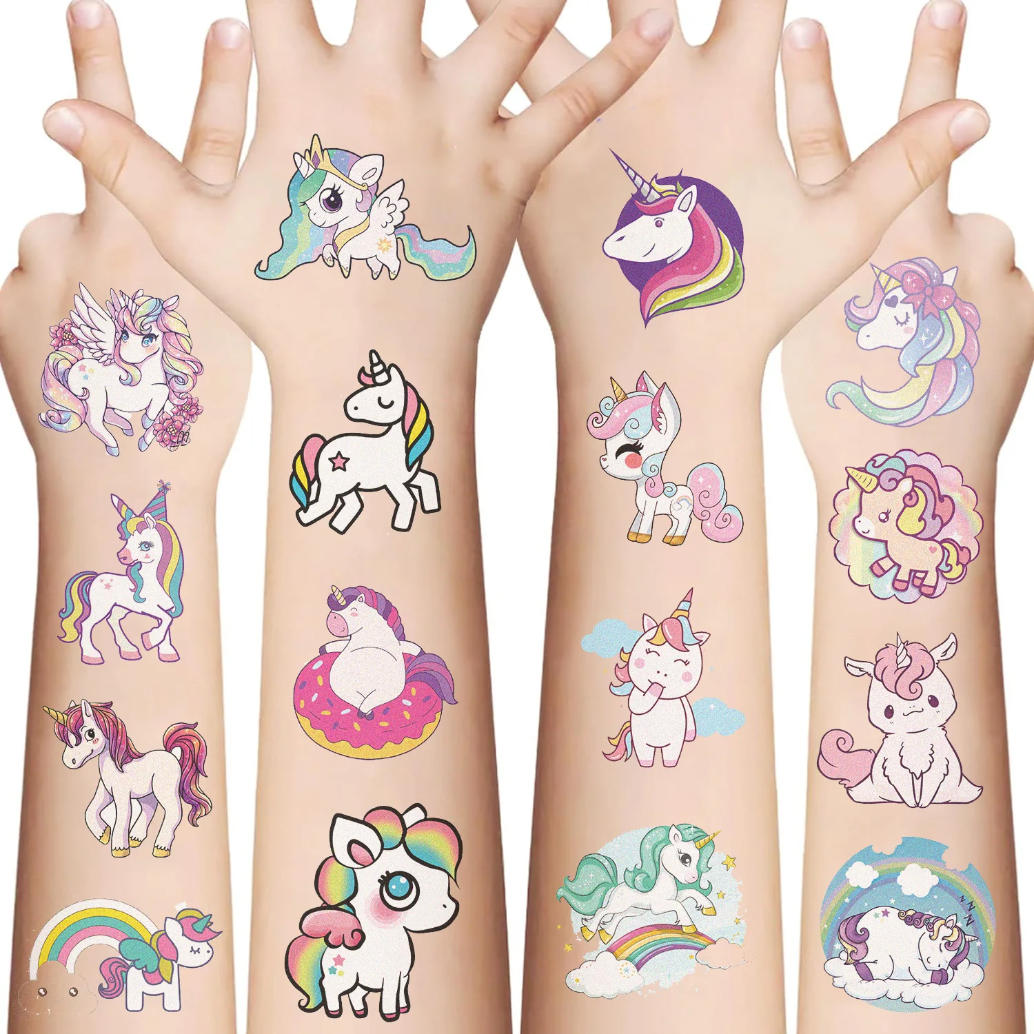 Pegatinas de tatuaje de unicornio para niños, tatuaje falso temporal, brazo, manos, cuerpo, juguetes de regalo, 10 hojas