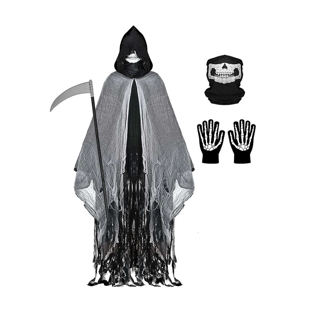 Adult Witch Halloween Cloak Skull Mask Costumes Vampire Hooded Cosplay Costume Scary Grim Reaper Dress Up Prank Horror Costume