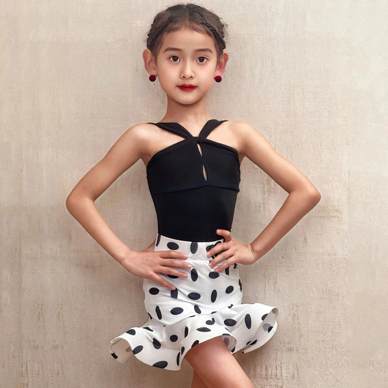 Latin Dance Dress New Summer Performance Dance Suit Girl Rumba Samba Stage Wear Polka Dot Ruffle Skirt Children Dancewear