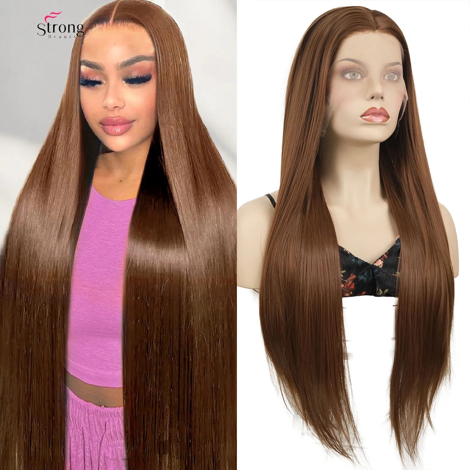 

Светло-коричневый длинный парик спереди, прямые бесклеевые синтетические передние парики шнурка для женщин, термостойкое волокно, ежедневный парик для вечеринок