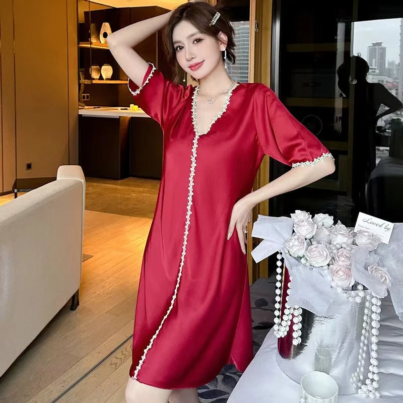 Women Ice Silk Pajamas Nightgowns Sleepwear V-neck Short Sleeved Shirt Pink Smooth Temptation Bathrobe Shirts Nightdress