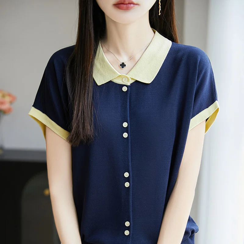 

Летняя женская футболка-поло с цветовыми блоками, универсальная, с коротким рукавом, свободного кроя, с эффектом стройности, с отложным воротником