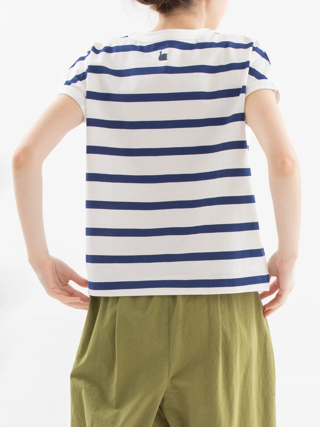 Heavyweight Pure Cotton Japanese Style Small Swan Embroidery Striped Short Sleeve Casual Loose plus Size Slimming Sleeve T-Shirt