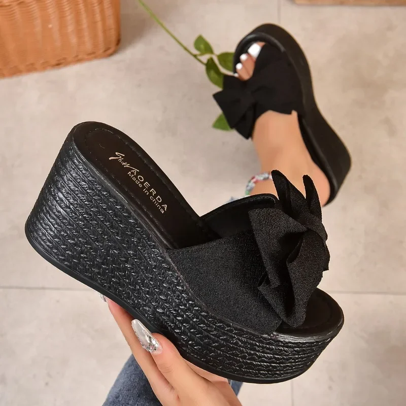 Women Wedge Slippers New Summer Beach Shoes Platform Appliques Butterfly-Knot Female High Heel Sandals Outdoor Clog Slides 35-43