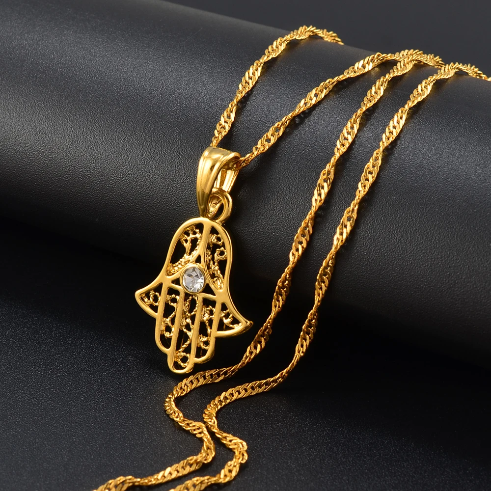 Anniyo Small Hamsa Hand Pendant and Necklace for Women/Girl Gold Plated Jewelry Arab Middle East Palm Shaped Ethnic  #059202