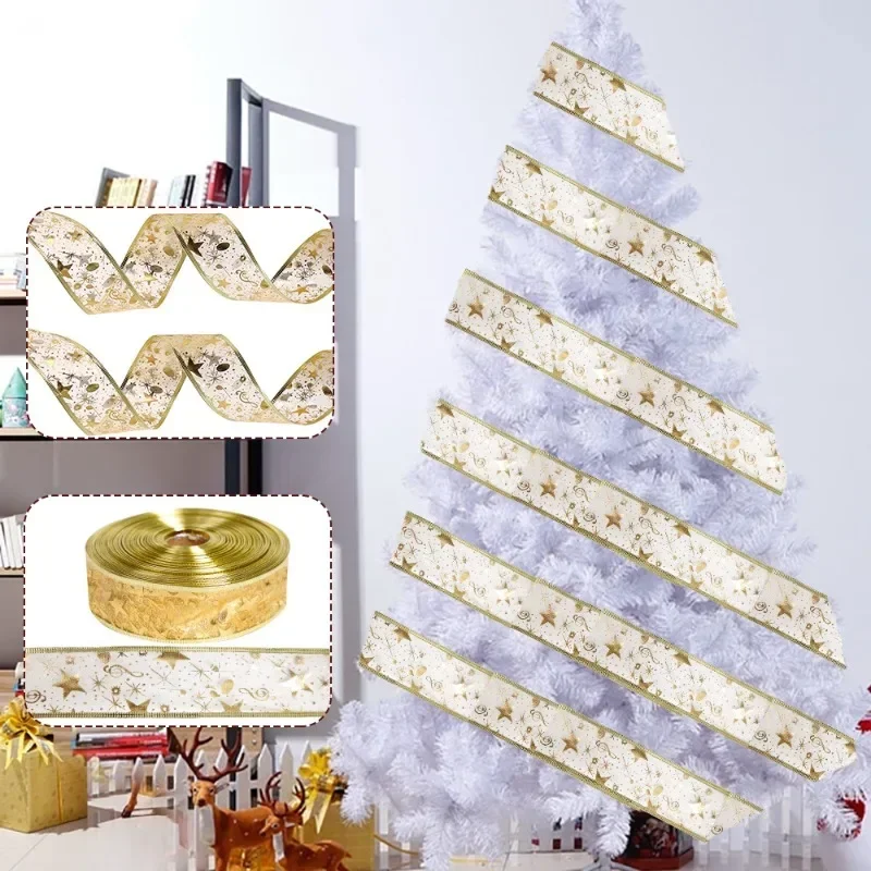 2 M Gold Foil Ribbon Note Five-pointed Star Webbing Christmas Tree Decoration Pendant Christmas Gift Wrapping Ribbon