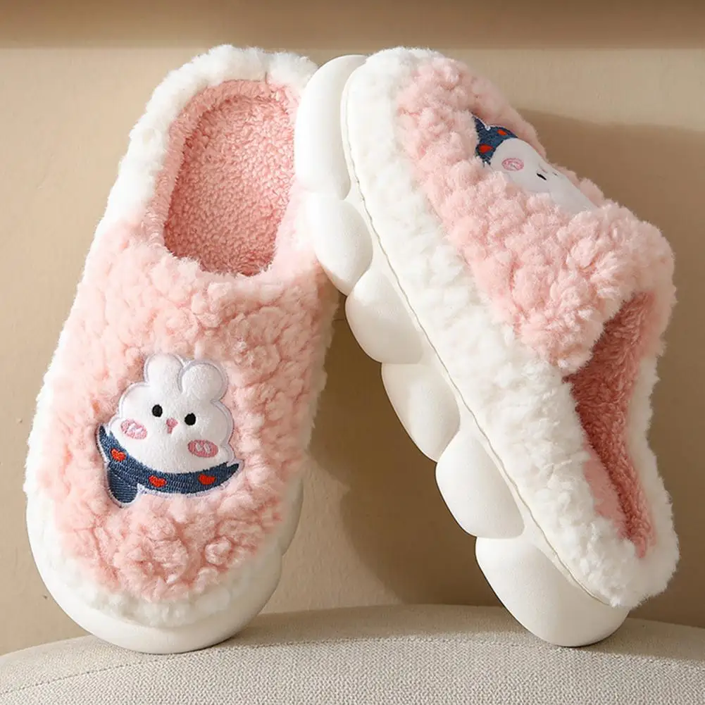 Winter Warm Slippers For Women Men Slippers Soft Bottom Heightening Cartoon Rabbit Pattern Fluffy Furry Slippers Bedroom Slides