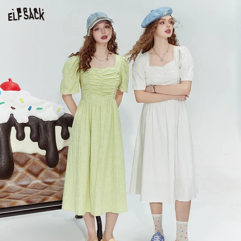 ELFSACK 2024 Summer New Dopamine French puff sleeve square neck slim solid color skirt for woman