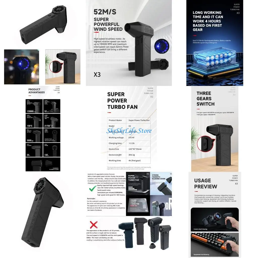 

E65E 130000 RPMs Blower Fan Mini Jet Fan Brushless Motor 52m/s High Speed Duct Blower