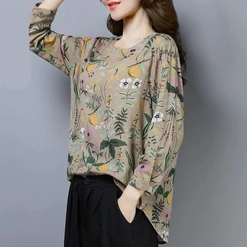 Women's Summer Loose Chiffon V-ne Long T-irt Floral Print Casual Comfortable Breathable Svel Top for Ladies