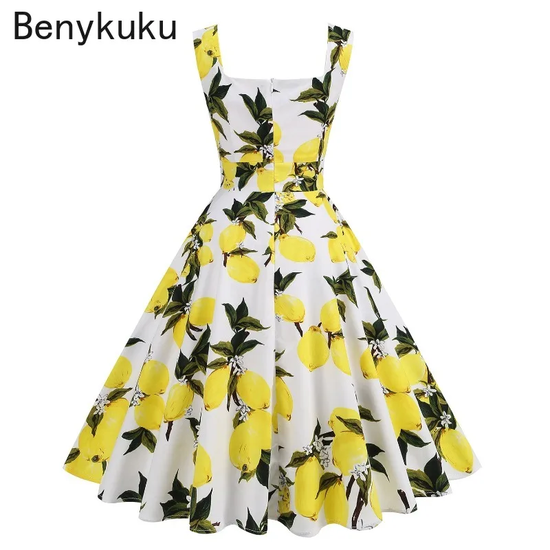 Lemon Print Hepburn vita alta anni \'50 anni \'60 Vintage Tank Dress vestiti estivi donna 2024 Retro senza maniche Rockabilly Swing Dresses