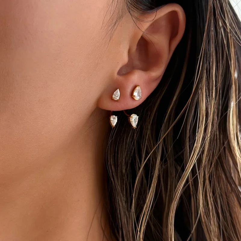Waterdrop cz stone back hang earrings for women stainless steel earrings dainty delicate unique stainless steel jewelry