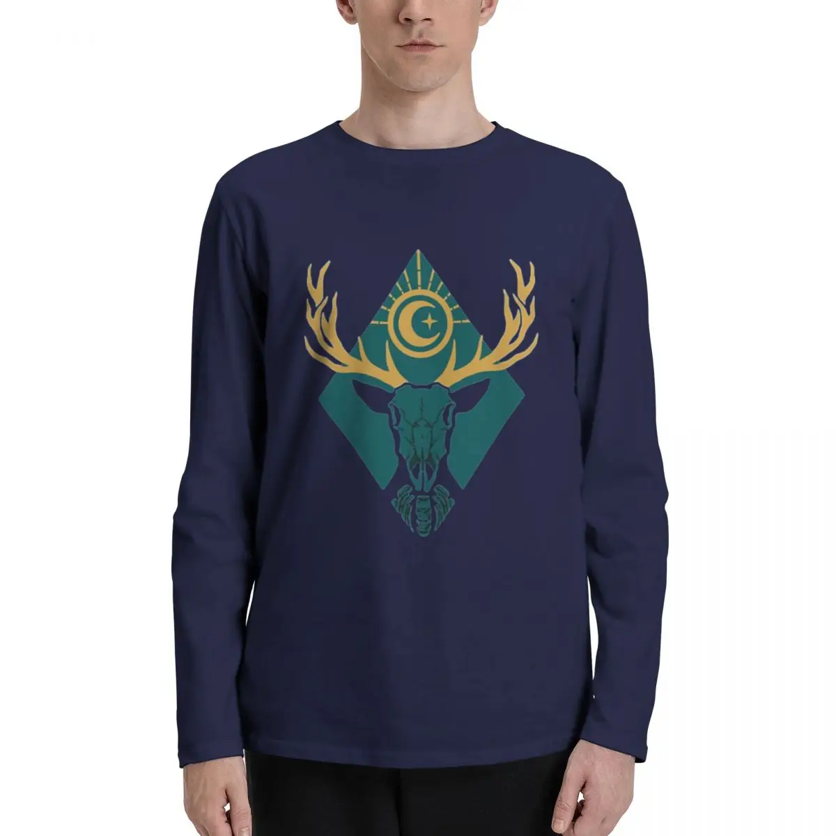 Night Deer Stylish Men's Long-Sleeve T-Shirt, Durable Fabric, Relaxed Fit, Perfect for Any Casual Occasion.