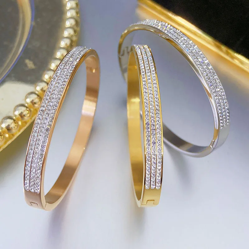 316L Stainless Steel Cuff Bracelet For Women Cubic Zirconia Bracelets & Bangles 3 Colors Choices