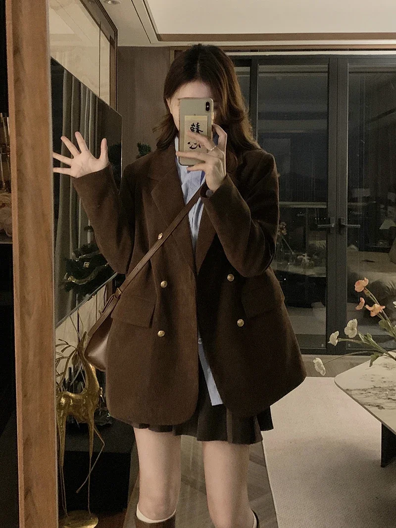 2024 Autumn and Winter New Chubby Girl Commuter Women's Suit Jacket Korean Retro Style Corduroy Cotton Coat Double-breasted Top