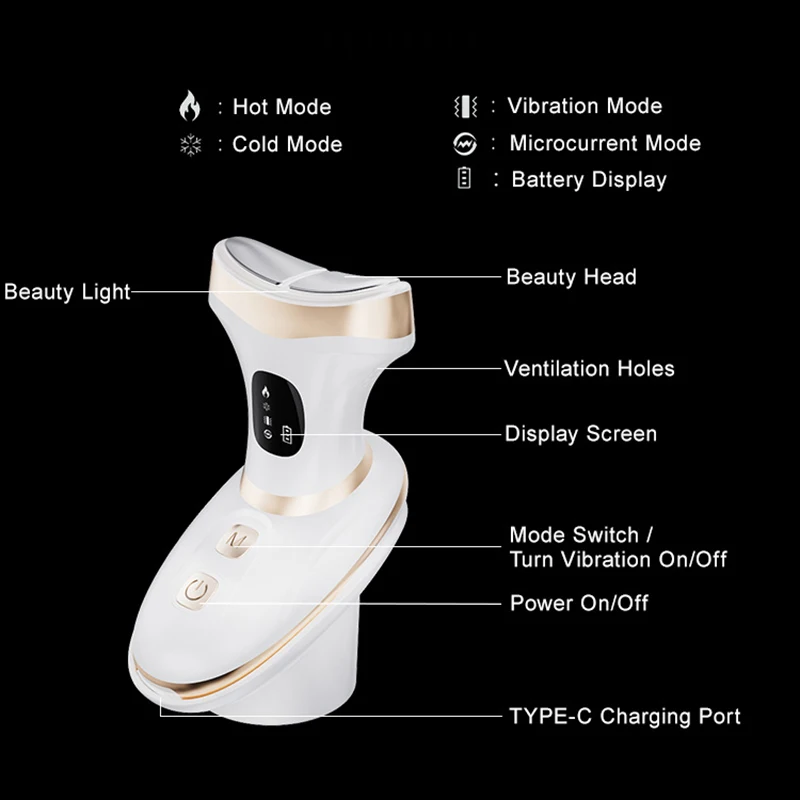 Masseur de cou facial chaud et froid, rajeunissement de la peau, thérapie LED et vibrations EMS, lifting du visage |   Appareil domestique portable