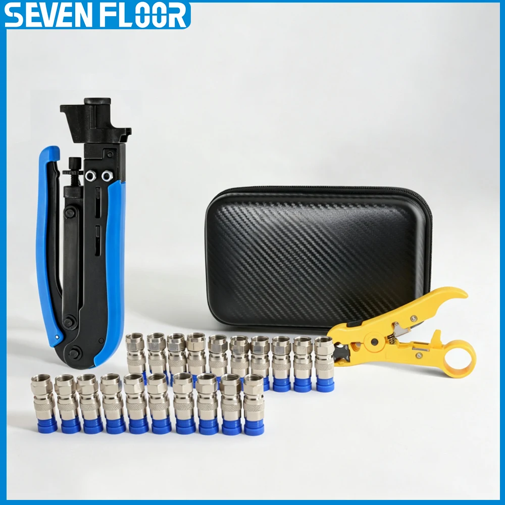 Coaxial Cable Crimping Pliers Set RG6 RG59 RG11 Crimper  Wire Stripper Tool Kit with 20pcs F Compression Connectors
