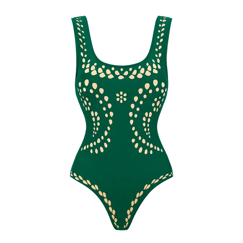 One-piece ผู้หญิงชุดว่ายน้ําชุดว่ายน้ําแฟชั่นชุดว่ายน้ําเซ็กซี่ Bold สีทึบเซ็กซี่ Laser-Cut รายละเอียดชุดชายหาดสไตล์
