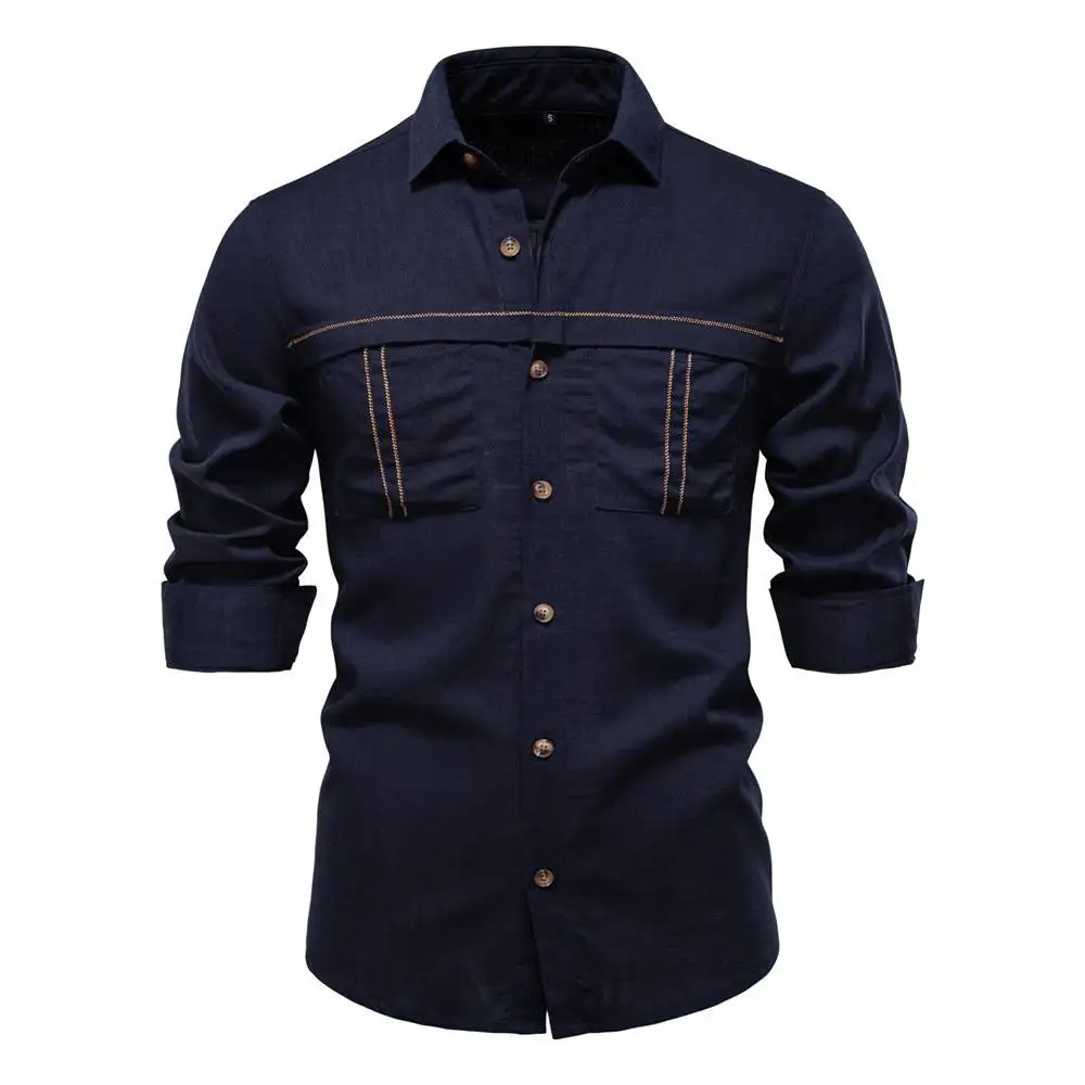 

Casual Men's Shirt Spring Summer 2025 Pure Color Pocket Decorated Long Sleeve European Size Trendy Brand Cross-Border New Model