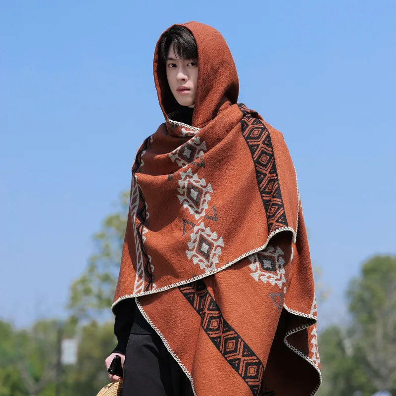 Ethnic style hooded men's shawl travel split cape warm outdoor large cloak