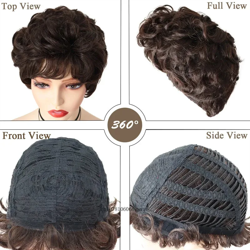 วิกผมสั้นหยิกสีน้ำตาลเข้มสำหรับผู้หญิง มีหน้าม้า ทรงผมฟูเป็นธรรมชาติ ใช้ได้ทุกวัน เหมาะเป็นของขวัญสำหรับคุณยาย คุณแม่ ใช้สำหรับงานคอสเพลย์หรืองานปาร์ตี้ yi;4