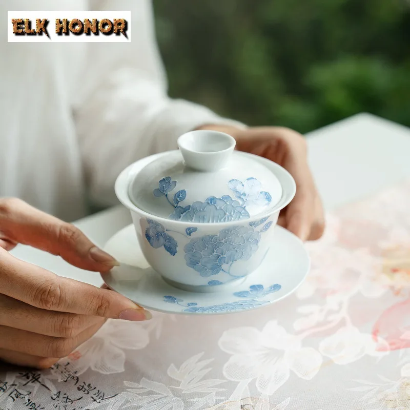 

140 мл Чистая ручная вытянутая ворсовая резьба Синий Лотос Гайвань Элегантная чайная варенья Чаша для чая с крышкой Набор крышек для заваривания чая Чаша Чайная посуда