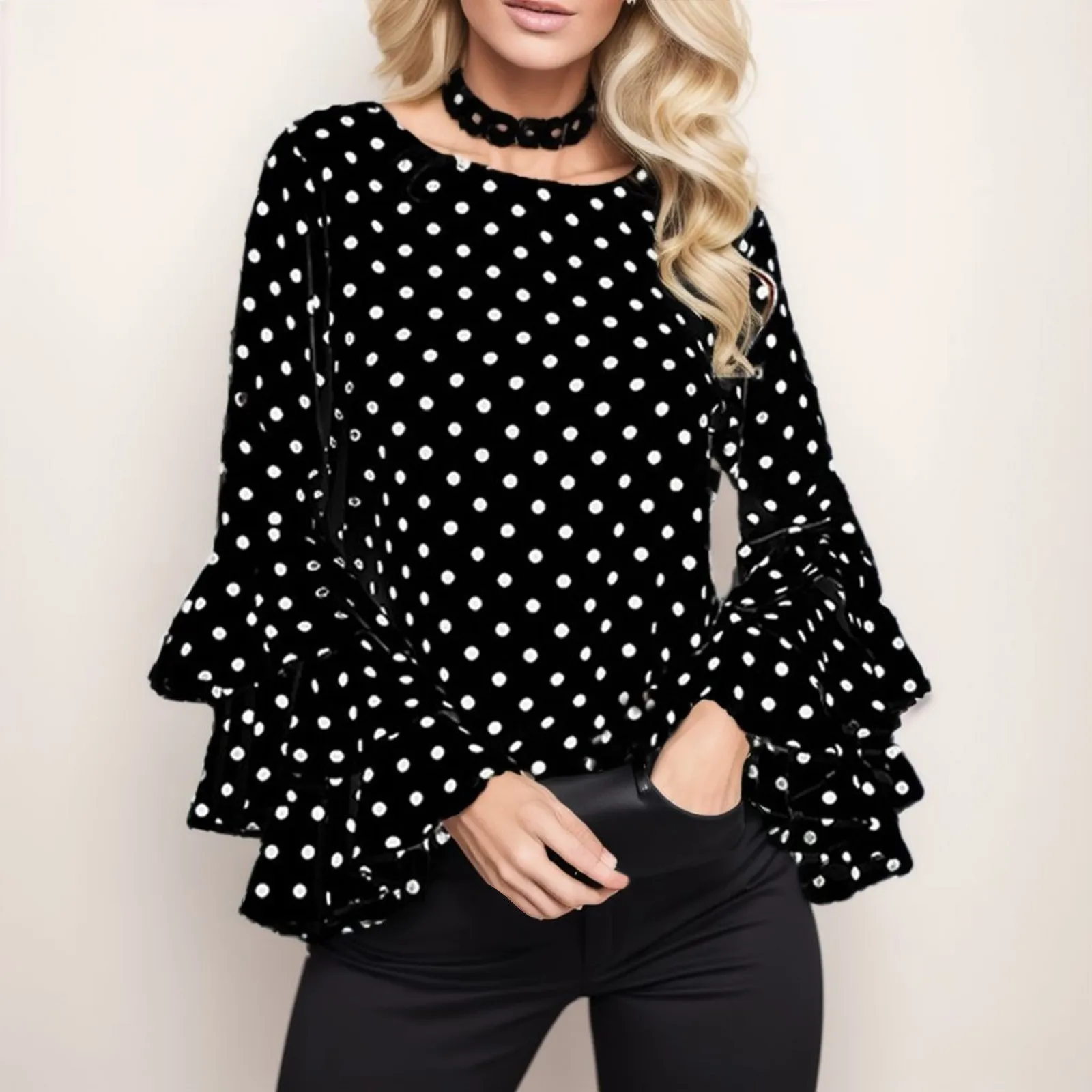 Women's Fashion Dots Printing Shirts Round Neck Long Sleeved Ladies Blouse Trumpet Sleeved Retro Style Loose Casual Tops