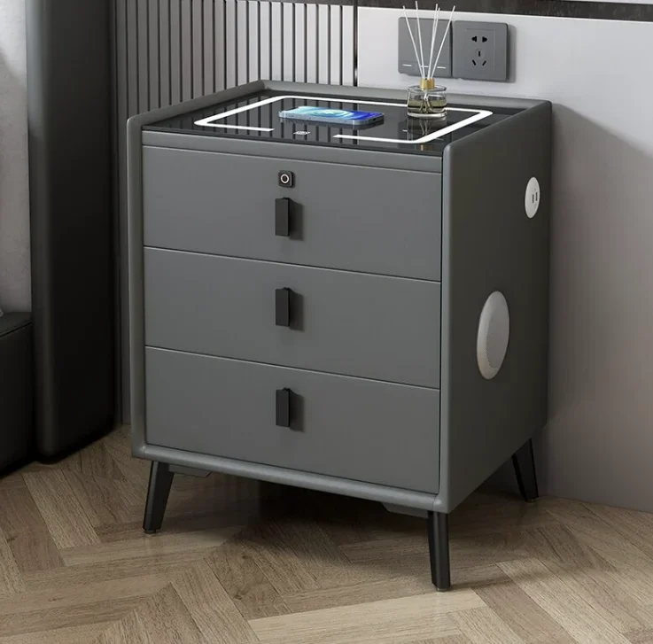 

Прикроватная тумбочка Умная прикроватная тумбочка Современный многофункциональный шкаф для хранения со светодиодной беспроводной зарядкой Цветная лампа Замок отпечатков пальцев USB