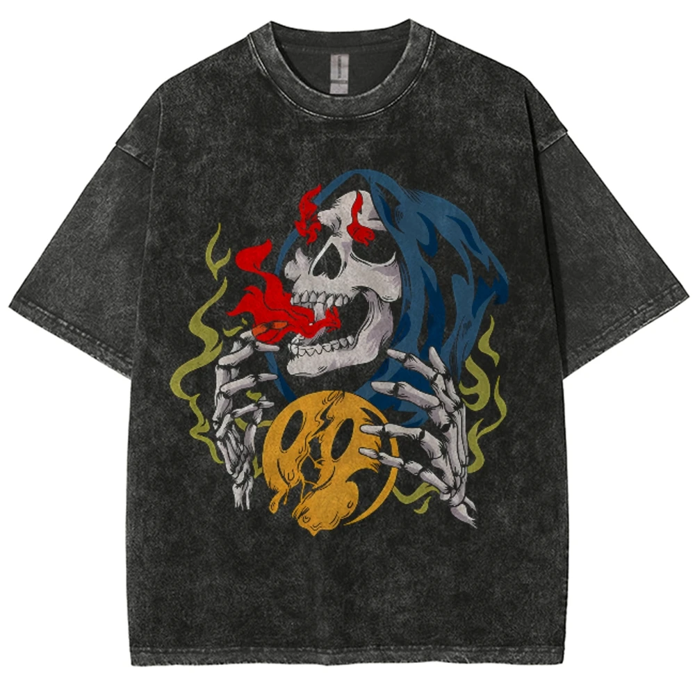 Fire Skull Men's weatshirt Vintage Oversized Hip Hop Hoodies Color Contrast Round Neck Chic Tops Pullover Clothes Unisex