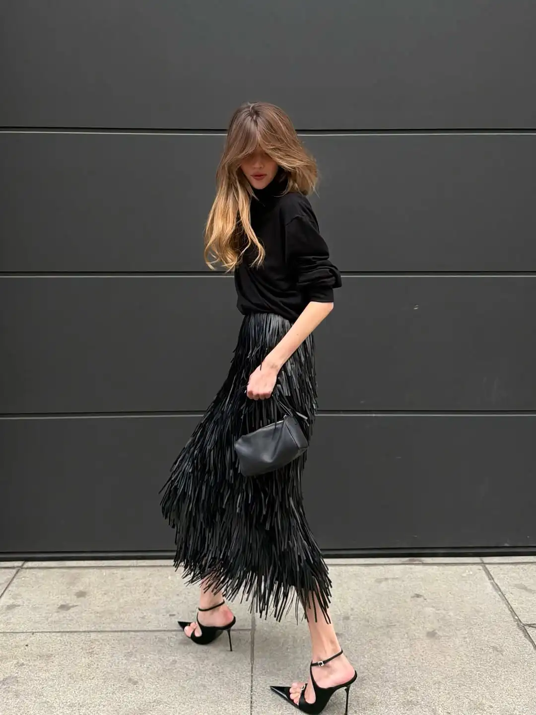 Women Black Faux Leather Fringe Midi Skirt High Waist Side Slit Multi Layer Tassel Skirt Party Club Stage Elegant Ladies Skirt