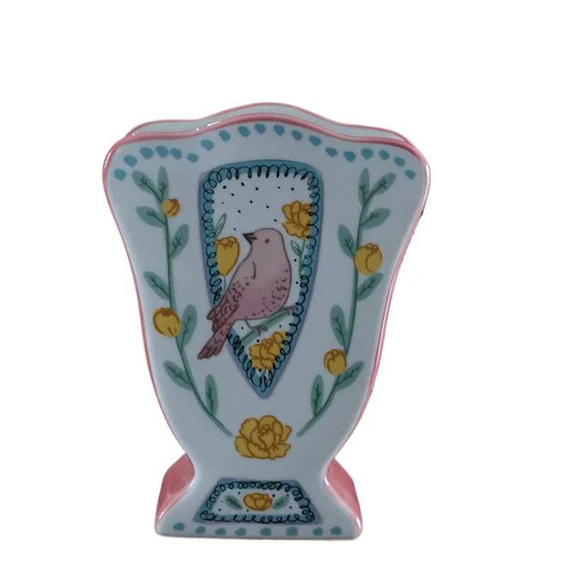 1Pc Nordic creative painted flower and bird ceramic vase set, retro flower pattern vase, living room home decoration ornament