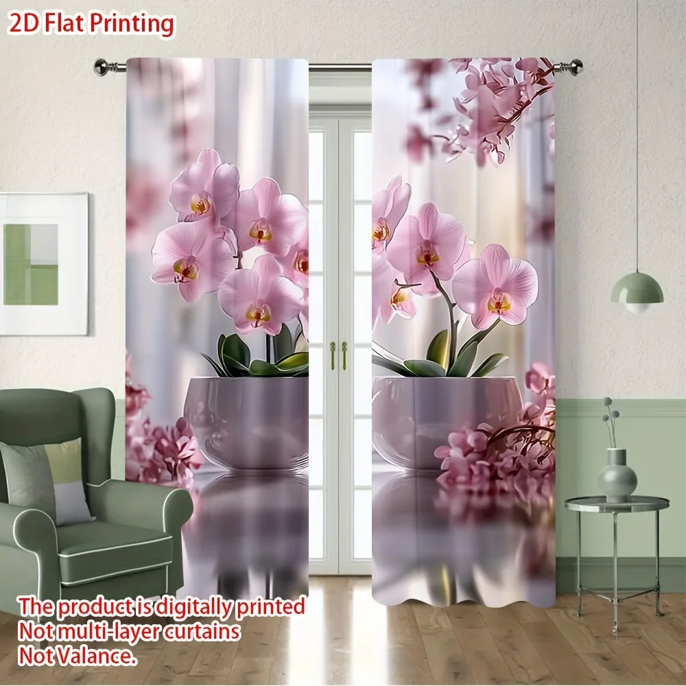 2D Flat 2pcs Pink Orchid Curtains Elegant Flower Pot Bloom Print Drape Bedroom Living Room Window Treatment Floral Home Decor