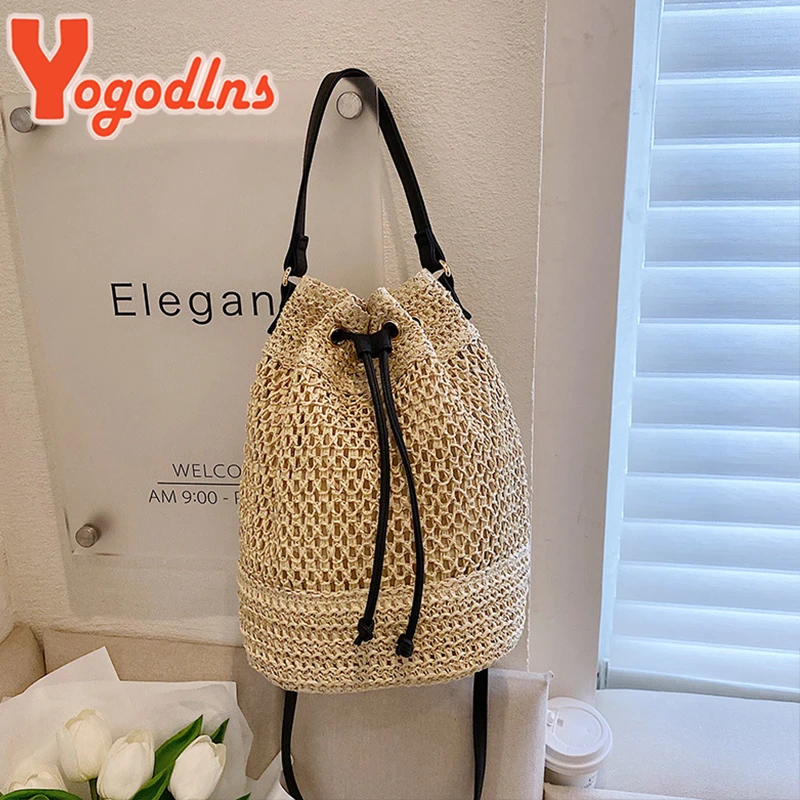 Summer Braided Straw Bucket Bag For Women Simple Drawstring Shoulder Crossbody Bag Travel Beach Bag Casual Wove Handbag image 6