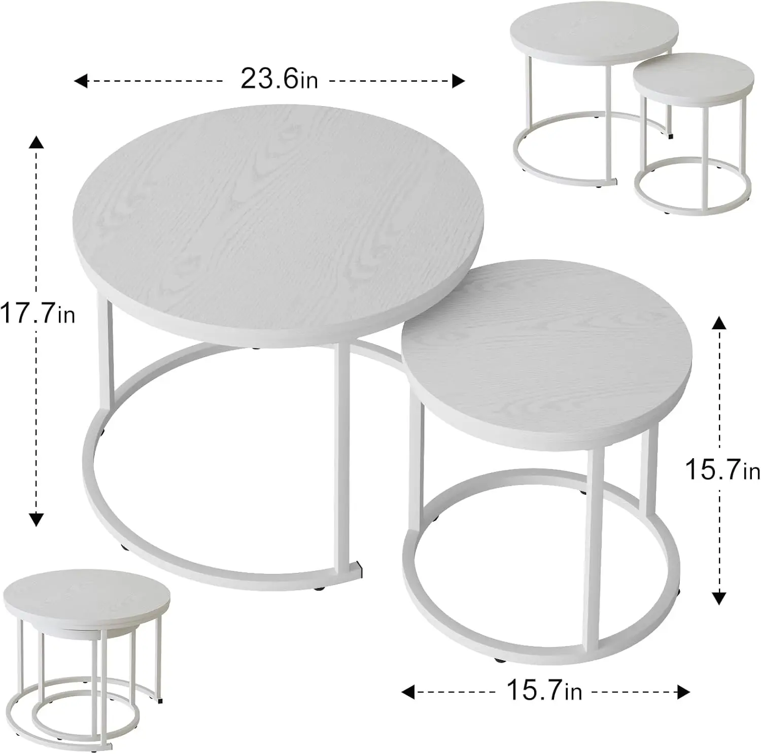 Coffee Table Round Side Table Set of 2 End Tables for Living Room Bedroom Balcony,White Wooden Stacking Accent Coffee Tables