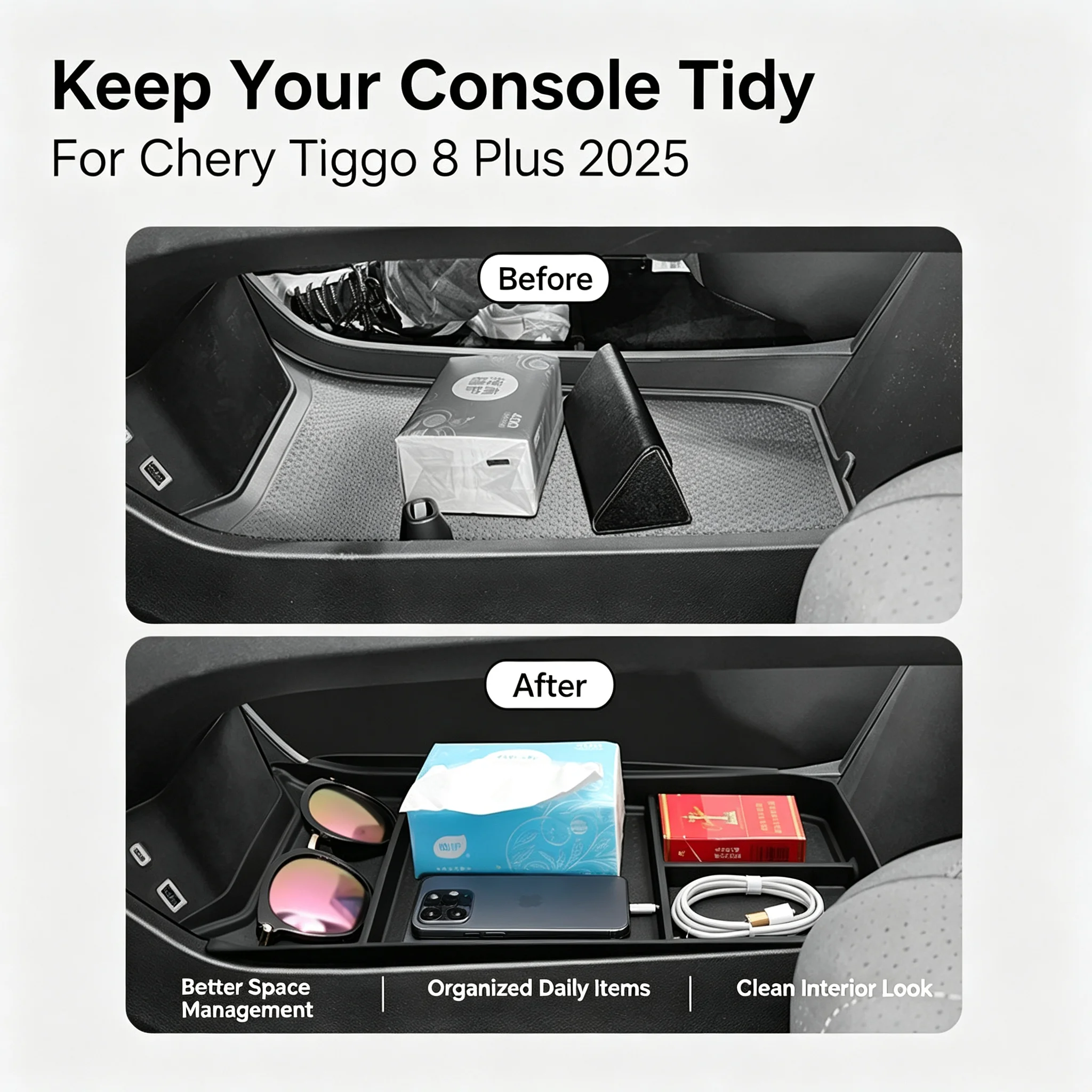For Chery Tiggo 8 PLUS 2024-2025 Center Console Under Storage Box Lower Console Organizer Tray with Multi-Compartments