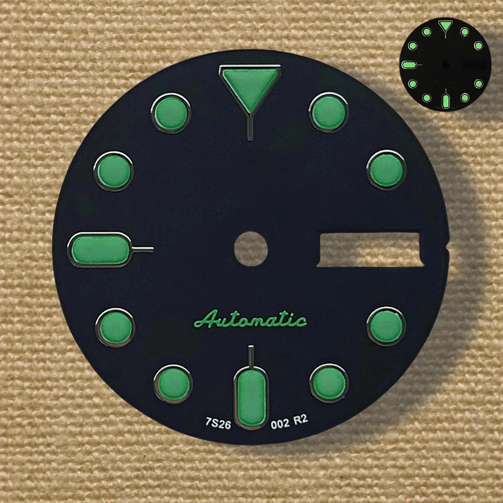 28,5 мм S 5, логотип SKX007, черный циферблат, подходит для NH36/4R36, зеленый светящийся двойной календарь, модификация часов, аксессуары