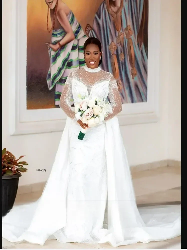 Customized High Neck Sparkly Beads Sequins Wedding Dress  Robe De Mariée Long Sleeves Bridal Gowns with Removable Skirt
