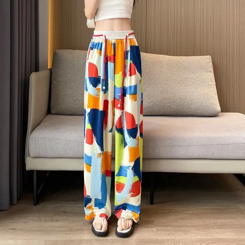 

Simplicity Summer New Ice Silk Women's Elastic Waist Drawstring Printing Pocket Young Style Fashion Straight Wide Leg Trousers