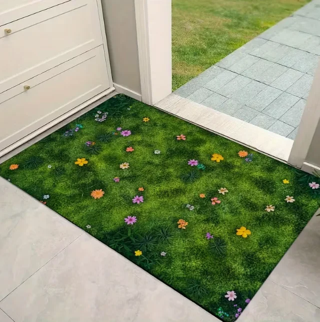 Frischer grasgrüner Hintergrund, kleine Blumen, verstreut und blühend, bedruckte Bodenmatte, Raumdekoration, Matte, Heimdekoration, Teppiche