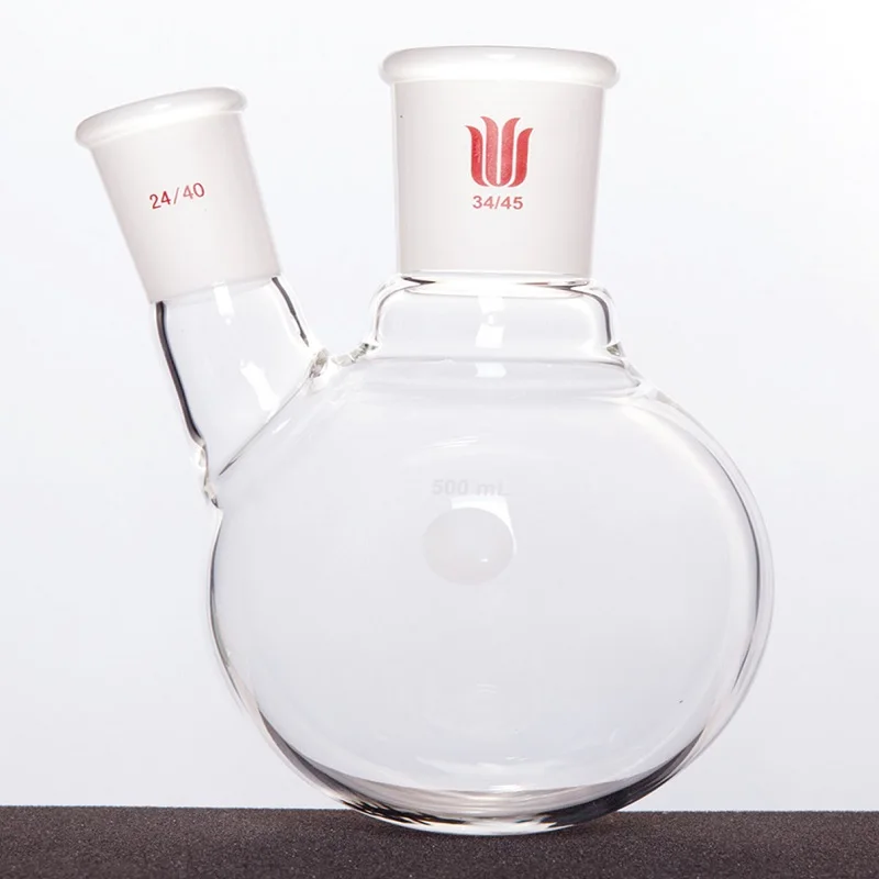 SYNTHWARE Thick walled slanted two necked bottle, Two-necked flask oblique shape, Capacity 500mL, Borosilicate glass, F41