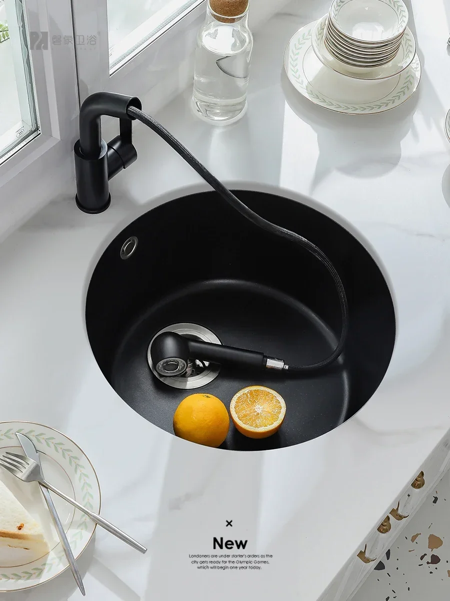 

#Kitchen quartz stone circular single slot corner sink dishwashing sink