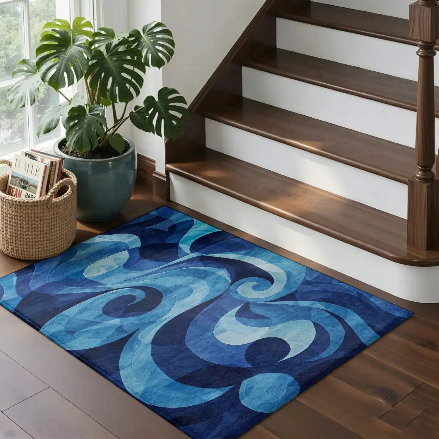 1Pc 2D Printed Nordic/Modern Minimalist Abstract Swirl Carpet, Blue & White, Machine Washable, Multi-Size, Ideal for Home Decor Such as Entryway, Dining Room, Living Room, Bedroom