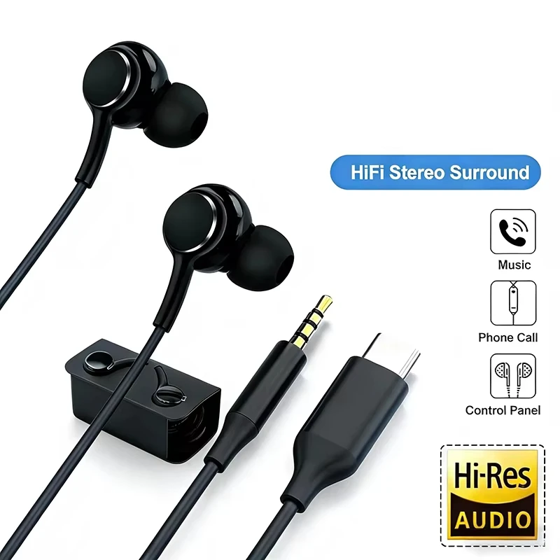 Type C Wired Earphone For Samsung Galaxy S24 S23 S22 S21 Ultra Plus Fe 3.5mm Earbud Headphones For A54 A34 A53 Phone Accessories