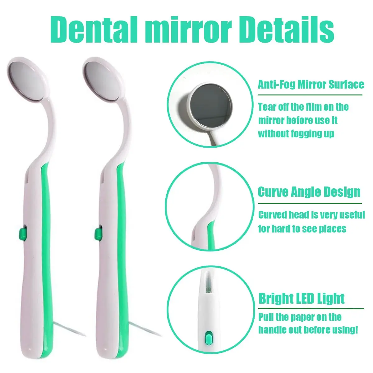 MR DEN 2 Pcs Dental Mirror with Light Tool LED Lighted Teeth Inspection Mirror Anti Fog Curve Angle Dentist Oral Care Tool