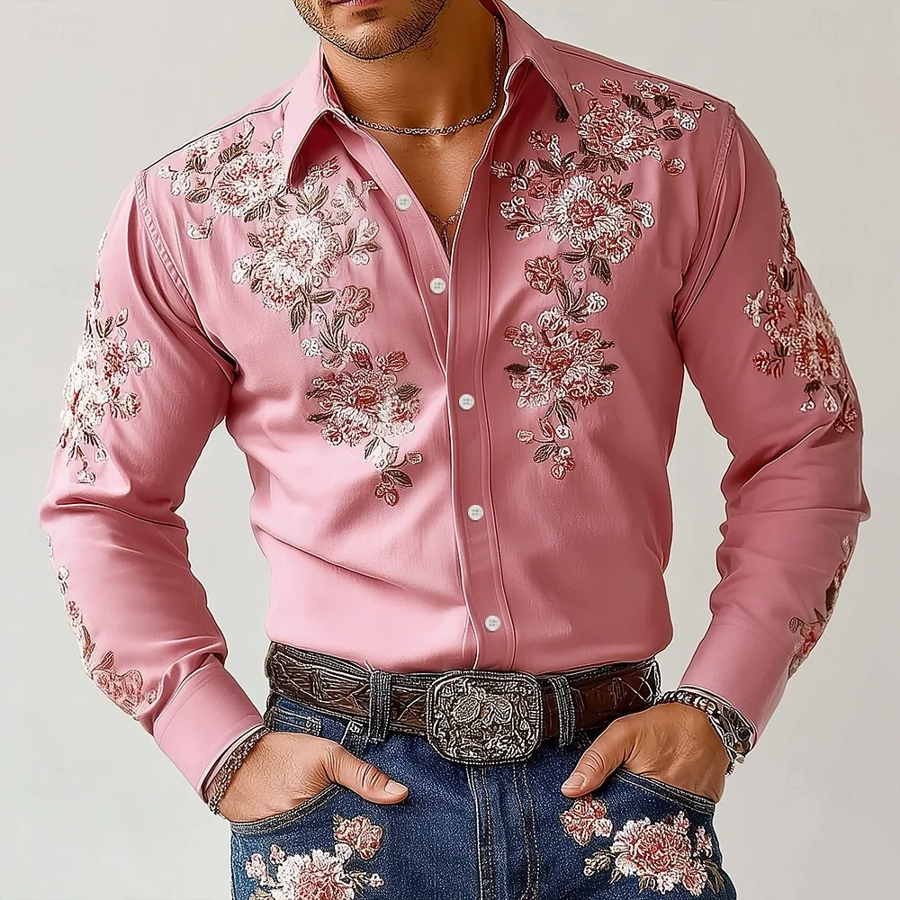 

New Men's Ethnic Style Printed Long Sleeve Shirt Regular Button Design Seasonal Fit Long Sleeve Top