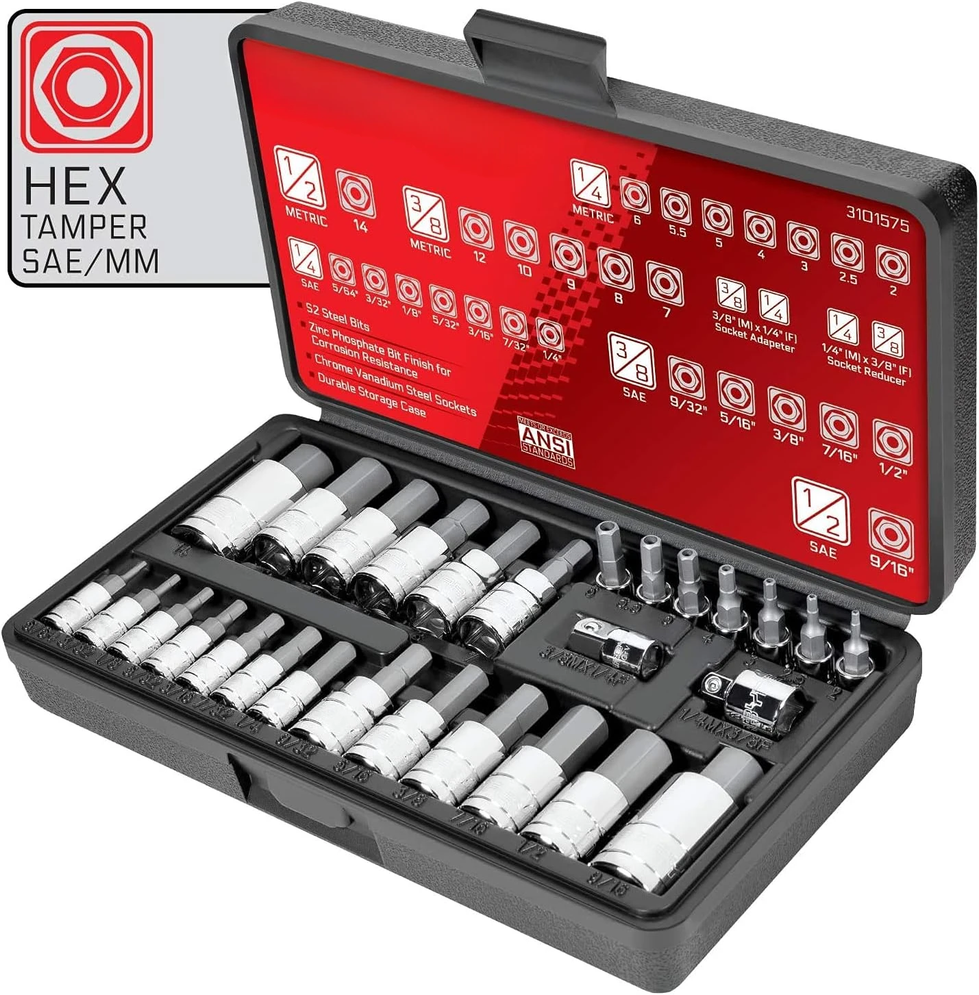 

Tamper-Proof Hex (Allen) Bit Socket Set - 28 Piece, SAE & Metric. Includes Metric Hex 2-14mm, SAE Hex 5/64" To 9/16" Hand Tools