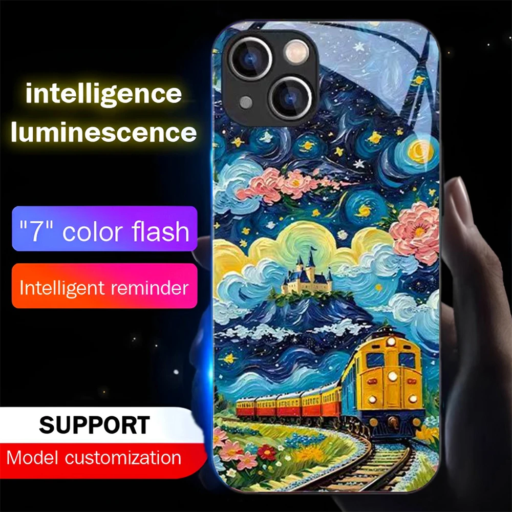 

Travel Oil Painting Led Light Phone Case Call Flash Glitter Cover For iPhone 16 15 14 13 12 11 Pro Max X XR XS Plus SE