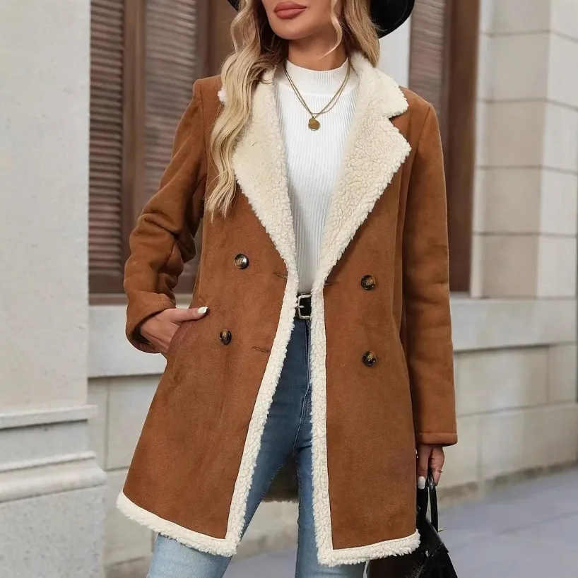

2025 FW Women's Suede Trench Coat Notch Lapel Mid Long Wool Blend Overcoat Warm Casual Elegant Outerwear