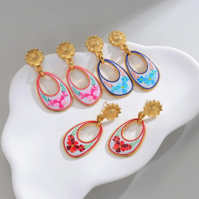 PRISCA | Retro Painted Flower Drop Earrings Women Stainless Steel Colored Chic Jewelry Cute Girl Party Hot Sale