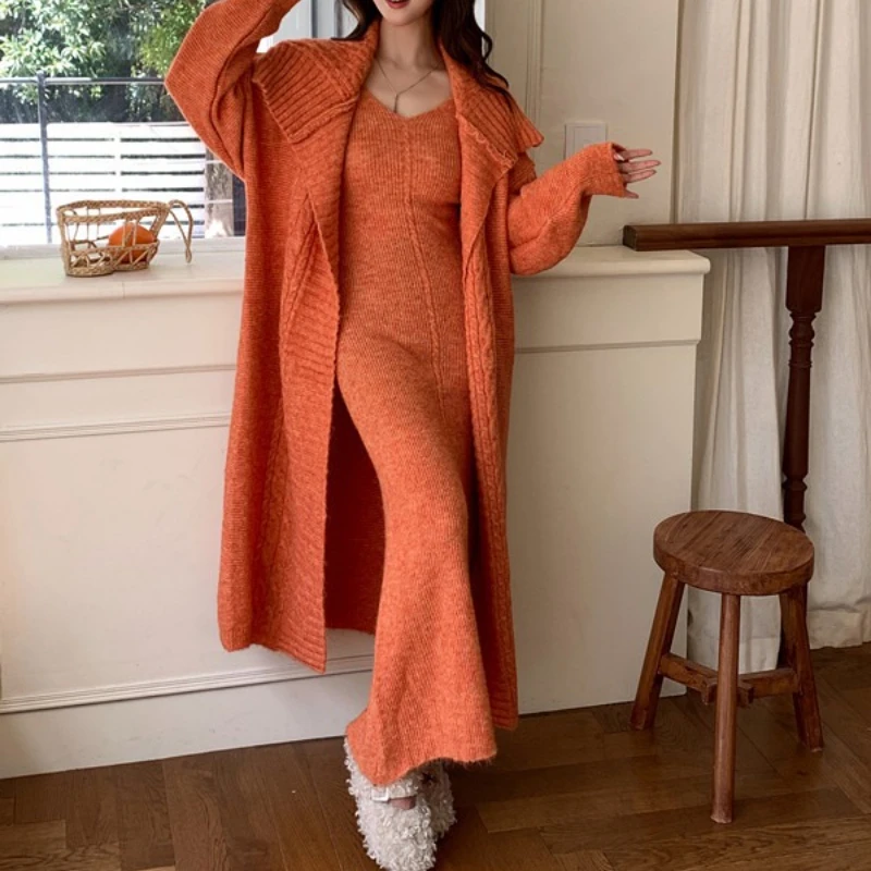 

Two Pieces Knitted Dress Sets Women Solid Matching Sets Turn Down Collar Cardigan Ankle Length Skirt Thick 2025 Autumn Winter